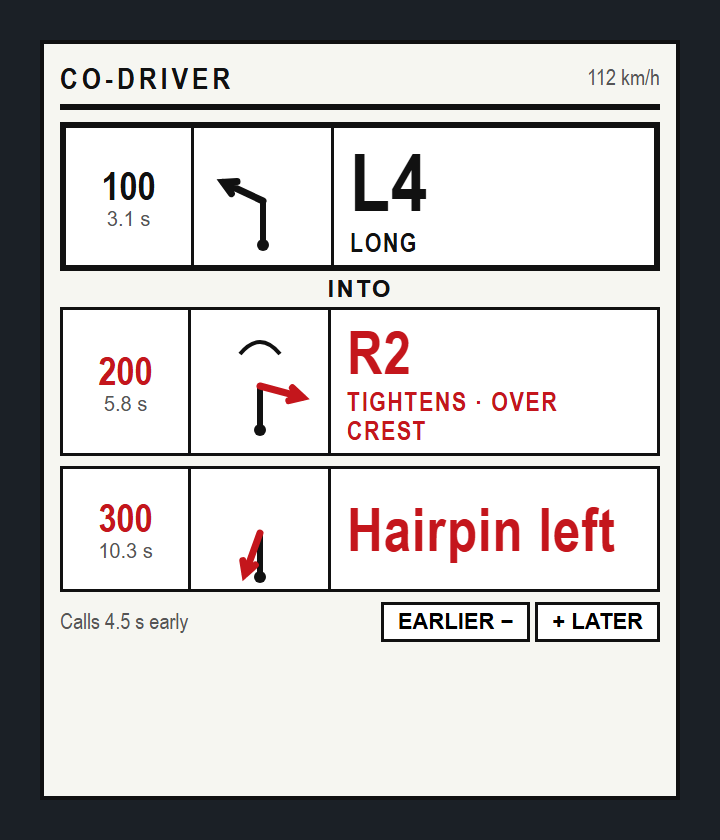 Rally Co-driver roadbook with pace notes and tulip arrows