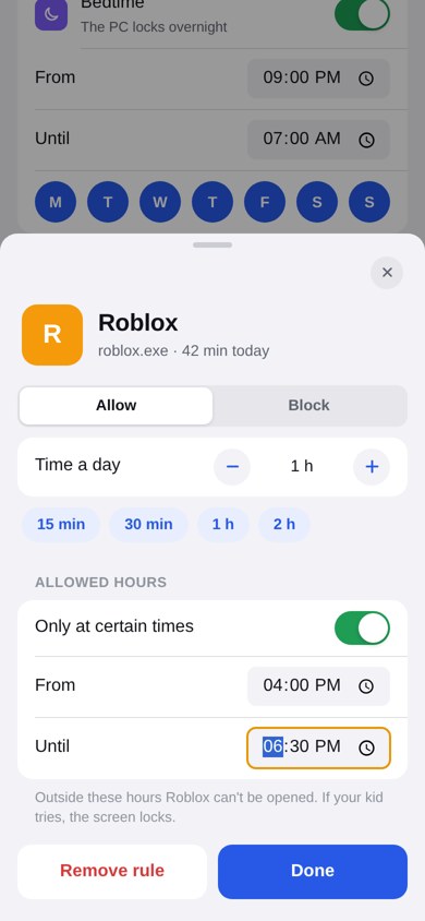 Rule for Roblox: one hour a day, only at certain times