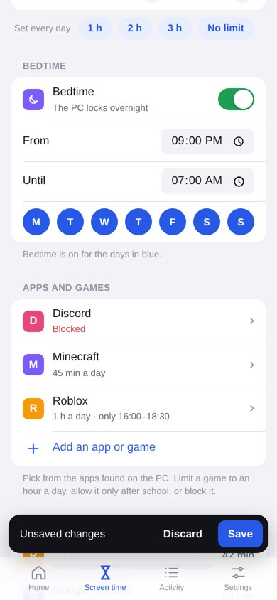 Bedtime settings and rules for apps and games