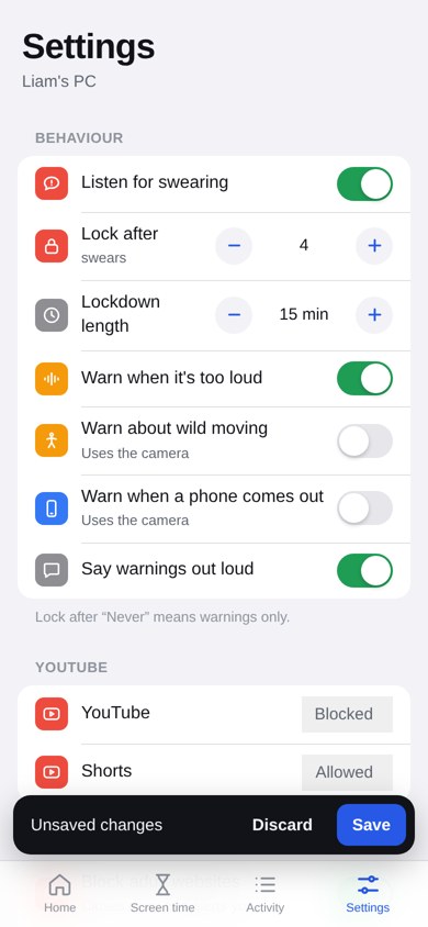 Settings: swearing, lock after, lockdown length, loudness, movement and phone warnings