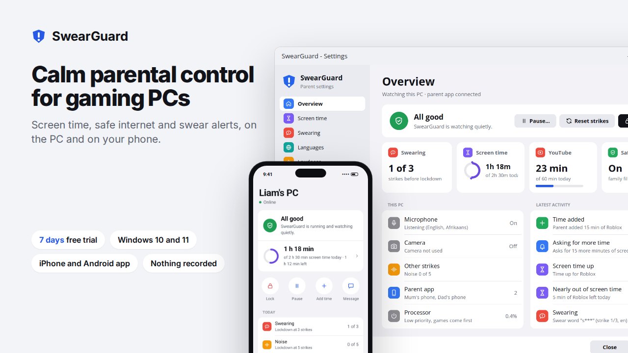 SwearGuard: calm parental control for gaming PCs, with the PC overview window and the parent phone app