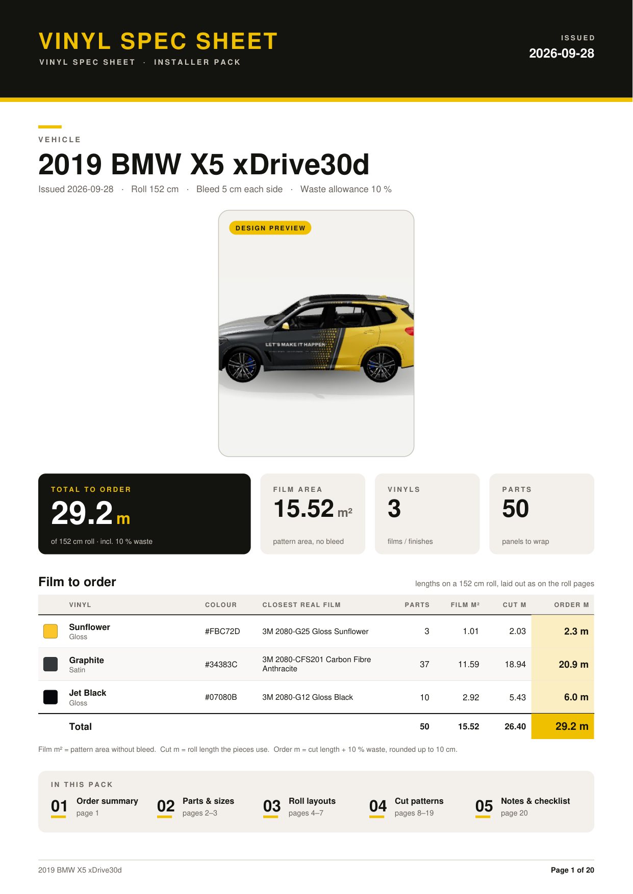 Spec sheet cover: film to order per vinyl with 3M codes
