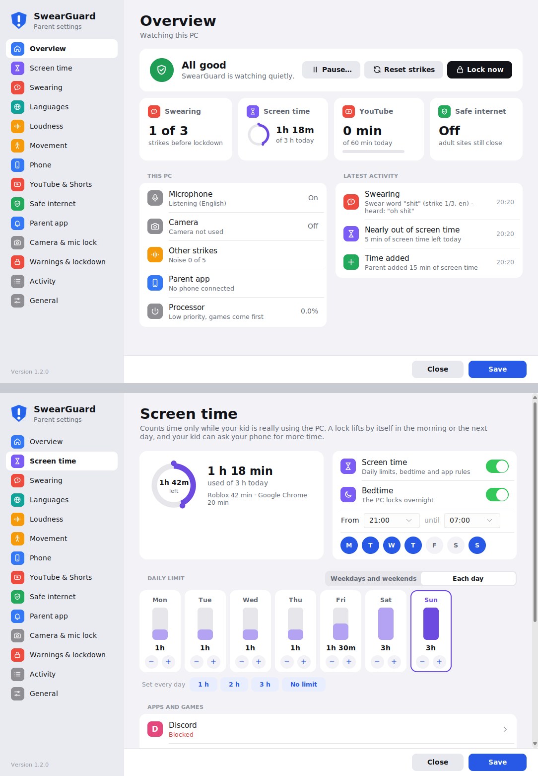 SwearGuard parent settings on the PC: overview, and screen time with a week planner and bedtime
